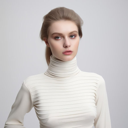 the turtleneck sweater sits elegantly against a pristine white background, showcasing its classic design and soft, chunky knit texture, perfect for casual winter outfits, layering under jackets, or as a statement piece for fashion enthusiasts, evoking a sense of timeless sophistication and cozy charm. ai generatedの素材