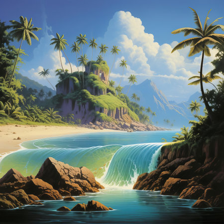 the island, a mystical realm of ancient magic, rises from the misty veil of the ocean, its lush green forests and volcanic peaks shrouded in a mystical aura, evoking the fantastical style of legendary fantasy artist ken kelly, where mythical creatures and legendary beasts roam free. ai generatedの素材