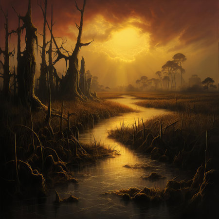 the mystical marsh, reminiscent of ken kelly's dark fantasy style, unfolds with twisted cypress trees, their gnarled branches like skeletal fingers, surrounded by murky waters and eerie mist, evoking a sense of foreboding and ancient magic in this hauntingly beautiful landscape. ai generatedの素材