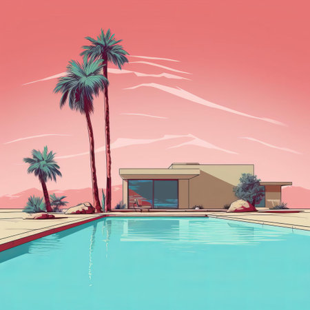 the oasis, a serene desert haven, is beautifully depicted in this stunning minimalist line art illustration, featuring a vibrant color palette that evokes feelings of tranquility and relaxation, perfect for nature lovers and art enthusiasts alike, seeking a touch of simplicity and elegance. ai generatedの素材