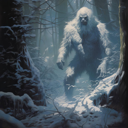 the yeti, a mythical creature of himalayan folklore, roams through a haunted forest, surrounded by twisted trees and eerie mist, evoking a sense of mystery and terror, reminiscent of the dark fantasy art style of ken kelly, with its bold brushstrokes and vivid colors. ai generatedの素材