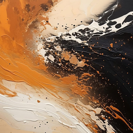 the abstract artwork features a dominant brown hue, blended with vibrant splashes of orange and yellow, evoking a sense of earthy warmth and dynamic energy, as bold brushstrokes and textured layers create a visually striking composition that invites contemplation and emotional connection. ai generatedの素材