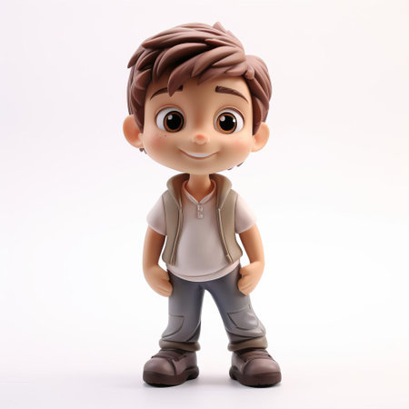 the cartoon boy figurine stands proudly on a pristine white background, showcasing its vibrant colors and intricate design details, perfect for collectors and enthusiasts of anime and manga-inspired art, toys, and memorabilia, adding a touch of playful charm to any room's decor. ai generatedの素材