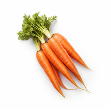carrots, a crunchy and nutritious root vegetable, are showcased in this vibrant photograph, isolated on a pristine white background, highlighting their bright orange color and delicate green tops, perfect for healthy snacking, salads, and culinary creations. ai generatedの素材