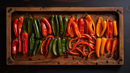 pepper slices arranged artfully on a rustic wooden tray, showcasing their vibrant red and green hues, perfect for adding a pop of color and flavor to any dish, from salads to stir-fries, and making a great addition to healthy meal prep and vegetable platters. ai generatedの素材