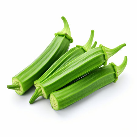 okra pods sit isolated on a pristine white background, showcasing their vibrant green color and unique shape, perfect for adding a pop of freshness to healthy recipes, vegetable dishes, and culinary creations, highlighting the beauty of natural ingredients. ai generatedの素材