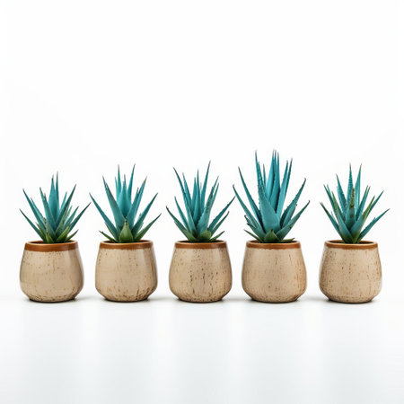 succulents stand out in this stunning photograph, showcasing a row of potted agave plants against a crisp white background, highlighting their striking architectural shapes and vibrant green hues, perfect for nature lovers and interior design enthusiasts alike. ai generatedの素材