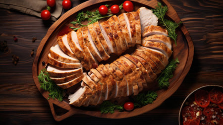 turkey slices, freshly cut and arranged on a rustic wooden tray, await to be devoured, perfect for a healthy snack or addition to a charcuterie board, showcasing the beauty of cured meats and wooden servingware in a rustic setting. ai generatedの素材