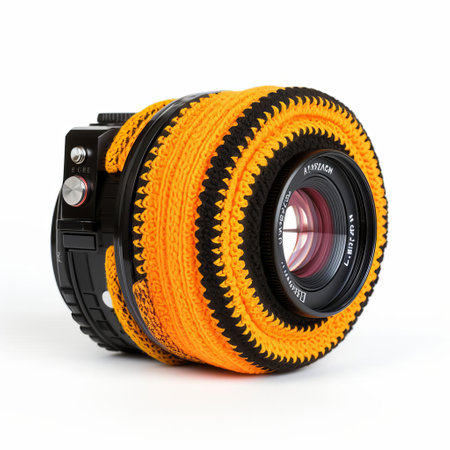 the camera lens, carefully crafted with intricate knitted details, sits isolated on a pristine white background, showcasing a unique blend of textile art and photography equipment, perfect for creative projects and artistic expressions. ai generatedの素材