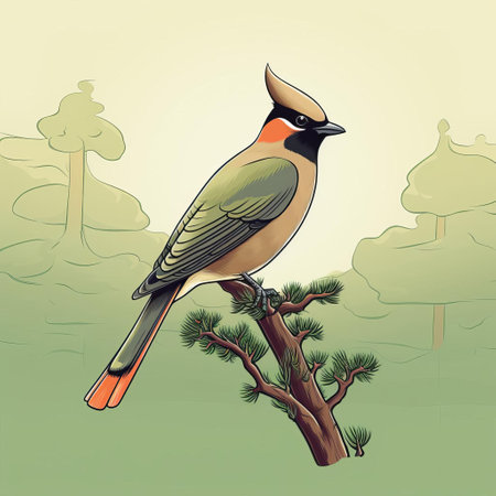 the cedar waxwing, a sleek and agile bird, stands poised on a lush bed of moss, its slender legs and delicate feathers rendered in intricate line art, showcasing the beauty of nature's subtle details and the artist's skillful hand in capturing the essence of this woodland creature. ai generatedの素材