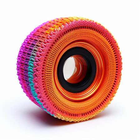 camera lens, expertly knitted to resemble a realistic optical device, sits isolated on a pristine white background, showcasing the intricate details of the handmade craft, perfect for photography enthusiasts and crafty individuals who appreciate unique textile art. ai generatedの素材
