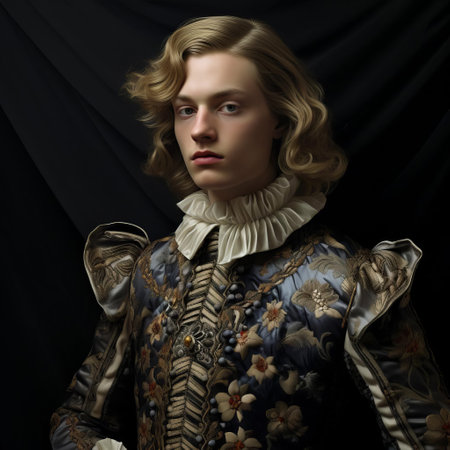 the dignified gentleman, adorned in lavish baroque attire, exudes opulence and sophistication, surrounded by intricate patterns, ornate details, and rich textures, evoking the grandeur of 17th-century european aristocracy, perfect for history buffs and art enthusiasts alike. ai generatedの素材