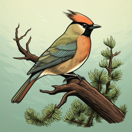 the cedar waxwing, a sleek and mysterious bird, stands elegantly on a bed of lush green moss, its slender legs and delicate feathers captured in exquisite detail through intricate line art, evoking a sense of serenity and connection to nature's subtle beauty. ai generatedの素材