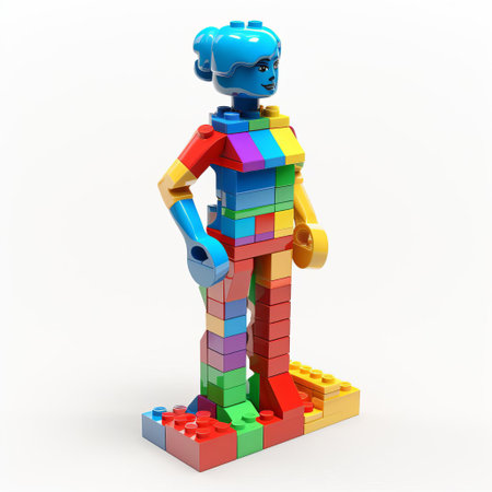 the 3d lego female figure stands proudly against a pristine white background, showcasing her intricately designed full body, complete with vibrant colors and precise details, capturing the essence of creativity and imagination in a stunning visual representation. ai generatedの素材