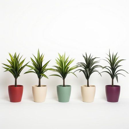 a row of dracaena plants, with their slender stems and vibrant green leaves, stand tall in elegant pots on a pristine white background, creating a serene and peaceful atmosphere, perfect for indoor decoration and air purification, adding a touch of natural beauty to any space. ai generatedの素材