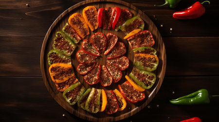 pepper slices arranged artfully on a rustic wooden tray, showcasing their vibrant red and green hues, perfect for adding a pop of color and flavor to any dish, ideal for healthy snacking, cooking, or as a garnish for cocktails and appetizers. ai generatedの素材