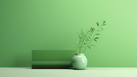 the minimalist interior features a serene green ambiance, with lush plants and natural textures blending harmoniously to create a calming atmosphere, perfect for relaxation and rejuvenation in a modern eco-friendly living space. ai generatedの素材