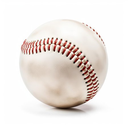 a baseball rests on a pristine white isolated background, showcasing its iconic red stitching and smooth leather surface, evoking memories of america's favorite pastime, summer afternoons, and nostalgic ballpark experiences. ai generatedの素材