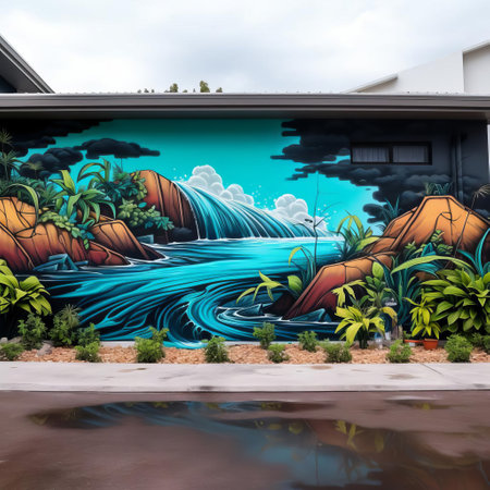 vibrant graffiti artwork sprawls across a concrete wall, showcasing a stunning landscape scene created with bold strokes of spray paint, blending urban street art with natural scenery, capturing the essence of city life and the beauty of the outdoors. ai generatedの素材