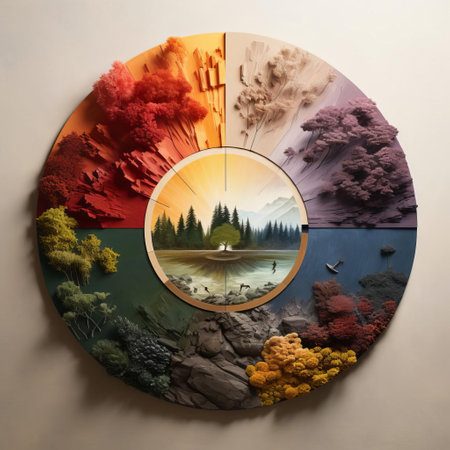the vibrant color wheel of landscape photography showcases a stunning spectrum of hues, from warm oranges and yellows to cool blues and greens, capturing the breathtaking beauty of nature's kaleidoscope, with rolling hills, serene lakes, and majestic mountains. ai generatedの素材