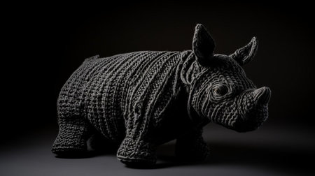 the rhinoceros toy, crafted from soft black knitted fabric, sits proudly against a sleek black background, showcasing its adorable features and intricate stitching, making it a perfect addition to any nursery or child's playroom, ideal for kids who love cuddly animal friends and plush toys. ai generatedの素材