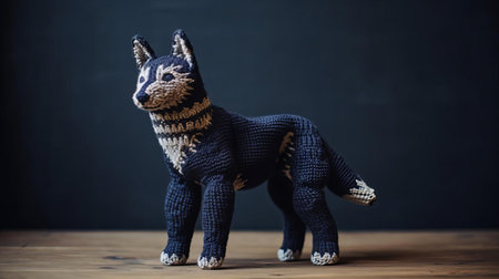 the wolf toy, crafted from soft navy knitted fabric, sits proudly against a matching navy background, its adorable features and endearing expression making it a charming addition to any nursery or child's playroom, perfect for kids who love wildlife and cuddly companions. ai generatedの素材