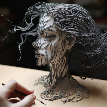 the sculpture, crafted from intricately woven wire, showcases a unique blend of modern art and innovative materials, blurring the lines between industrial and artistic expression, while highlighting the versatility of wire in creating complex, paper-like structures and designs. ai generatedの素材