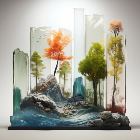 a serene glass palette of landscape artistry showcases a harmonious blend of earthy tones, evoking feelings of tranquility and connection to nature, as the soft hues of blue and green merge with warm browns and tans, capturing the essence of a peaceful outdoor escape. ai generatedの素材