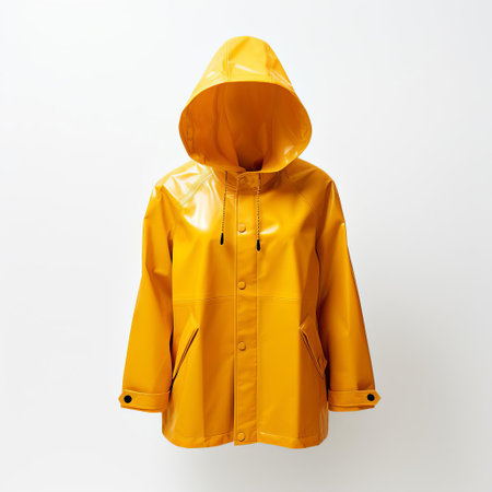 the raincoat stands out against a crisp white background, its waterproof and breathable fabric glistening in the light, perfect for rainy days, outdoor activities, and stylish fashion statements, offering a chic and modern take on traditional wet weather gear. ai generatedの素材