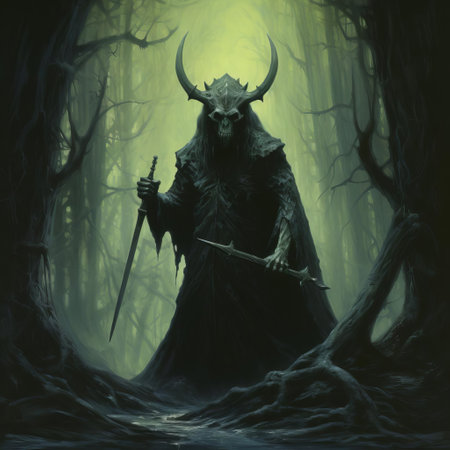 the demon, shrouded in darkness, lurks menacingly in the heart of a haunted forest, its eerie presence illuminated only by the faint moonlight, evoking a sense of foreboding and terror, reminiscent of the hauntingly vivid artwork of legendary fantasy artist ken kelly, master of dark fantasy and horror illustrations. ai generatedの素材