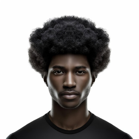 the afro-haired male 3d model stands out against a crisp white isolated background, showcasing his intricately textured and styled afro hairstyle, perfect for graphic design, digital art, and 3d modeling projects requiring a strong, modern, and trendy african-inspired aesthetic. ai generatedの素材
