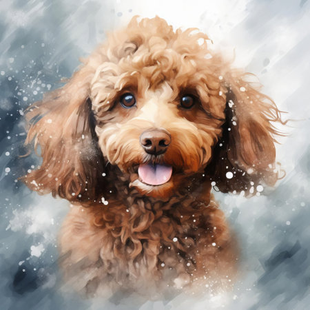 the poodle, with its curly and fluffy coat, is beautifully captured in this watercolour style image, showcasing its elegant posture and adorable facial expression, surrounded by soft, blended colours and delicate brushstrokes, evoking a sense of whimsy and playfulness in this artistic canine portrait. ai generatedの素材