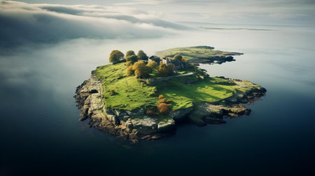 the islet, surrounded by serene waters, stands majestically in the heart of yorkshire's picturesque countryside, offering a tranquil escape from the bustling city life, with its lush greenery and historic significance, making it a popular spot for nature lovers and history enthusiasts alike. ai generatedの素材