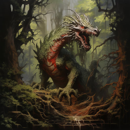 the dragon, a fierce mythical creature, emerges from the shadows of a haunted forest, its scales glistening in the faint moonlight, surrounded by twisted trees and eerie mist, evoking a sense of dark fantasy and mysticism, reminiscent of the iconic style of legendary fantasy artist ken kelly. ai generatedの素材