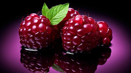 the blackberry, a luscious and juicy summer fruit, is showcased in this vibrant photograph, highlighting its deep purple color and delicate drupelets, surrounded by lush green leaves, evoking feelings of freshness and natural beauty, perfect for fruit enthusiasts and nature lovers alike. ai generatedの素材