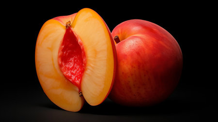 nectarine, a sweet and juicy stone fruit, is showcased in this vibrant photograph, its smooth skin a warm yellow hue with hints of red, inviting viewers to take a bite of its succulent flesh, perfect for snacking, baking, or adding to fresh summer salads. ai generatedの素材