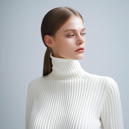 the turtleneck sweater sits elegantly against a pristine white background, showcasing its classic design and soft, textured fabric, perfect for casual winter outfits or layering under jackets and coats for a chic, sophisticated look, ideal for fashion enthusiasts and style-conscious individuals. ai generatedの素材