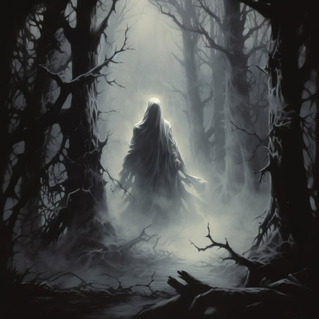 the ghost, shrouded in eerie mist, haunts the ancient forest, its ethereal presence illuminated by the faint moonlight, evoking a sense of foreboding and mystery, reminiscent of the dark fantasy art of ken kelly, master of macabre and supernatural themes. ai generatedの素材