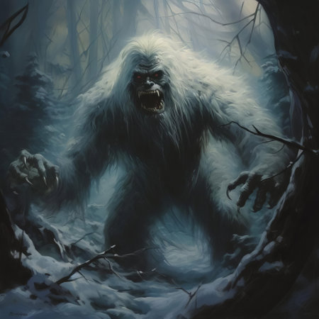the yeti, a mysterious and elusive creature, roams through a haunted forest, surrounded by twisted trees and eerie mist, evoking a sense of foreboding and dread, as if inspired by the dark fantasy artwork of ken kelly, master of macabre and horror illustration. ai generatedの素材
