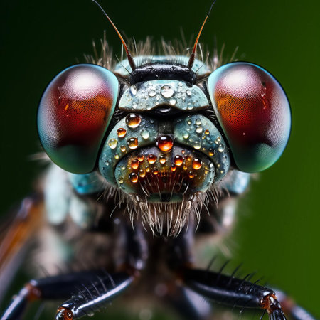 the dragonfly's vibrant green face, adorned with intricate patterns and large compound eyes, gazes intensely into the camera, showcasing its remarkable facial features and delicate wings, a true marvel of nature's beauty and insect photography. ai generatedの素材