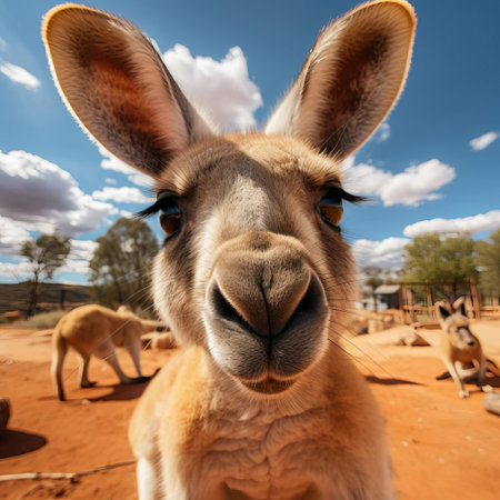 a kangaroo's adorable face showcases its fluffy fur, bright curious eyes, and cute nose, highlighting the unique features of this iconic australian marsupial, often seen hopping across the outback's grasslands and open spaces in the wild. ai generatedの素材