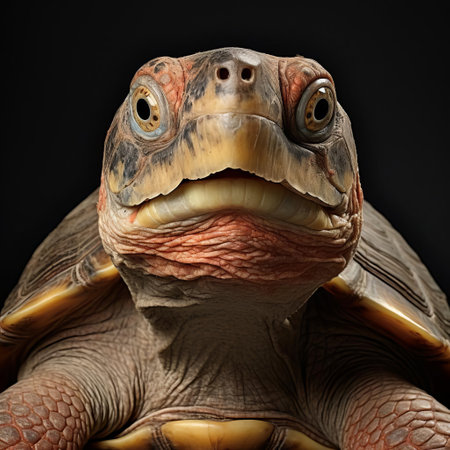 this adorable turtle face showcases a serene and gentle creature, its shell glistening in the sunlight, with bright, inquisitive eyes peeking out from beneath its wrinkled skin, exuding a sense of calmness and tranquility in its natural habitat, surrounded by lush greenery and aquatic life. ai generatedの素材