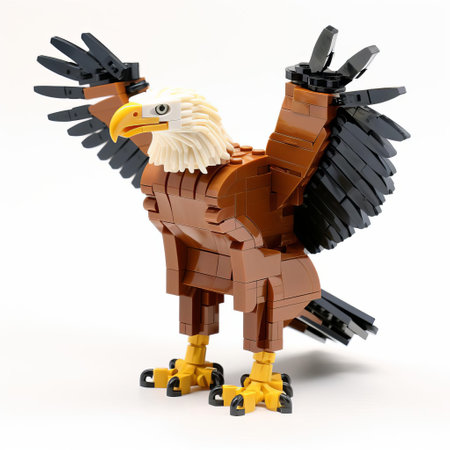 the majestic lego eagle, with its intricately designed feathers and sharp talons, stands proudly isolated on a pristine white background, showcasing its full body in all its glory, perfect for fans of lego birds, toy photography, and creative still life compositions. ai generatedの素材