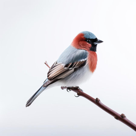 the bird perches elegantly on a simplistic white background, showcasing its vibrant plumage and intricate feather details, creating a stunning visual contrast that highlights its natural beauty, perfect for nature enthusiasts and photography lovers alike. ai generatedの素材