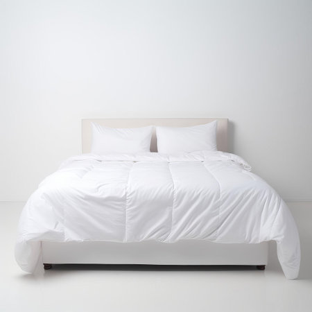 the bed, centered in a simplistic composition, stands out against a pristine white background, evoking a sense of serenity and calmness, perfect for a relaxing bedroom ambiance, minimalist interior design, and a peaceful retreat from the world. ai generatedの素材