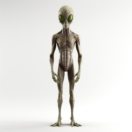 the alien, a fascinating extraterrestrial being, stands out against a pristine white background, its intricate 3d details and vibrant colors captivating the viewer's attention, evoking a sense of otherworldly wonder and curiosity about life beyond earth. ai generatedの素材