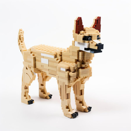 the adorable lego dog, isolated on a pristine white background, showcases its vibrant colors and intricate details, capturing the essence of childhood creativity and imagination, perfect for fans of lego toys, dog lovers, and enthusiasts of miniature models and playful photography. ai generatedの素材