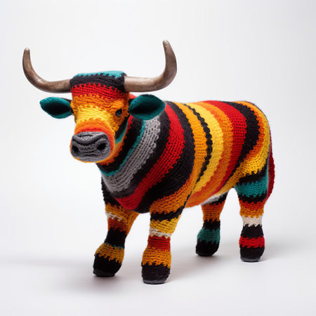 the knitted bull, set against a pristine white background, showcases intricate stitching and vibrant colors, evoking a sense of whimsy and playfulness, perfect for textile enthusiasts and crafty individuals who appreciate handmade, unique, and quirky decorative pieces. ai generatedの素材