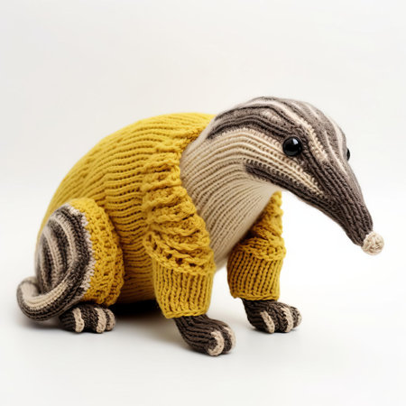 the adorable knitted anteater sits proudly on a crisp white background, showcasing its intricate stitching and soft, cuddly texture, perfect for nature lovers and craft enthusiasts alike, highlighting the art of handmade amigurumi toys and the unique charm of fiber art creations. ai generatedの素材
