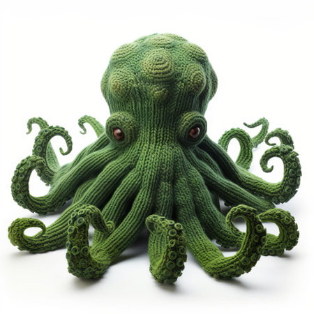 the knitted kraken, a mythical sea monster, sits proudly isolated on a crisp white background, showcasing its intricate and colorful hand-knitted details, perfect for fans of fantasy, marine life, and handmade crafts, with a touch of whimsy and playfulness. ai generatedの素材